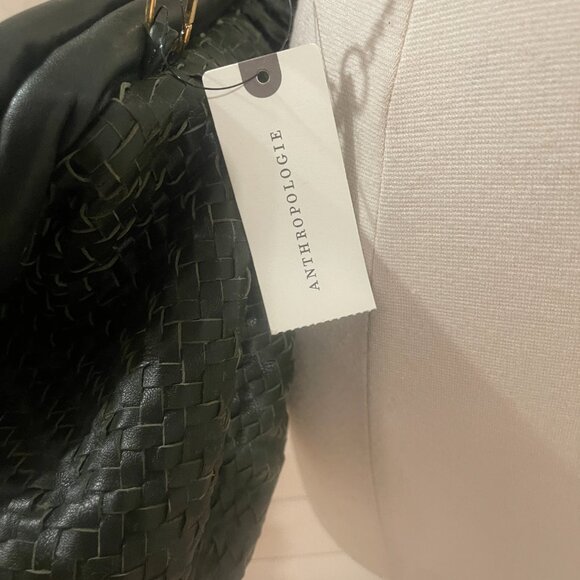 031 Anthropologie Woven Leather Clutch Dark with Chain NWT Emerald Green Leather - Picture 8 of 10